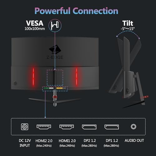 Z-Edge 27 Zoll Curved Gaming Monitor 280Hz (DP) 240Hz (HDMI) 1ms MPRT Full HD LED Monitor, 350cd/m² Helligkeit, 16:9 Curved Bildschirm, FreeSync, HDMI 2.0 & DisplayPort 1.2 - Schwarz – Bild 6