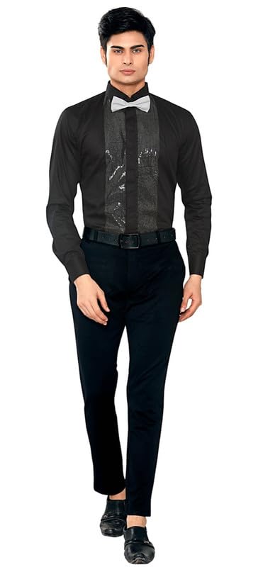 Image of GLOBALRANG Men's Sequin Tuxedo Shirt | Satin Cotton | Cut Away Collar with Bow Tie