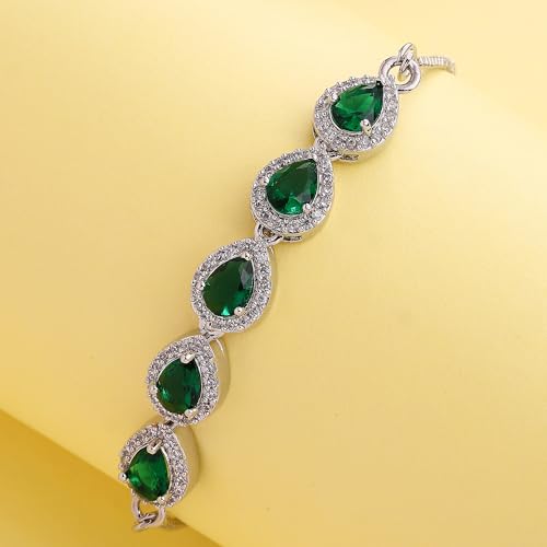 Image of ZENEME Rhodium Plated Silver Toned Teardrop Shaped Green & White American Diamond Studded Wraparound Adjustable Bracelet For Women & Girls | Stylish Jewellery