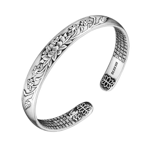 Feng Shui Lotus Heart Sutra Bracelet - Adjustable Vintage Silver