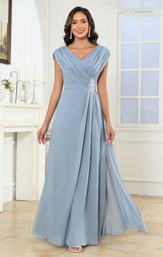 Modest Mother of The Bride Dresses for Women Cap Sleeve V Neck Chiffon Formal Wedding Guest Dress2