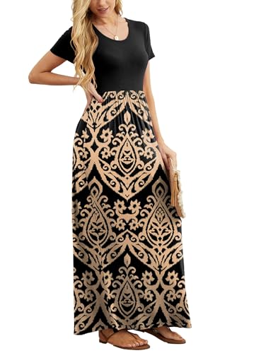 GRECERELLE Women Summer Crew Neck Casual Short Sleeve Solid Floral Print Long Maxi Dress with Pockets4