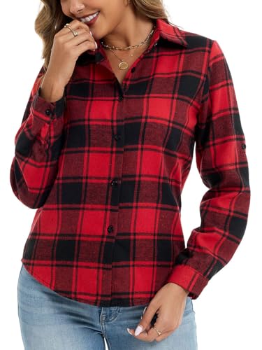 Famrrifuu Chemise Femme a Carreaux Classique Chemisier en Flanelle Chic et élégant Blouse Shirt 100% Coton Décontractée, Rouge Noir, L