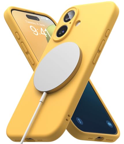 Coque silicone iPhone 16 Ringke jaune magnétique avec doublure microfibre luxe