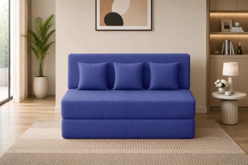 Image of Los Angeles Foldable Three Seater Sofa Cum Bed, Sofa Bed 5 X 6 Feet Jute Fabric Washable Cover- Including Three Cushion Perfect for Living Room - Blue Color