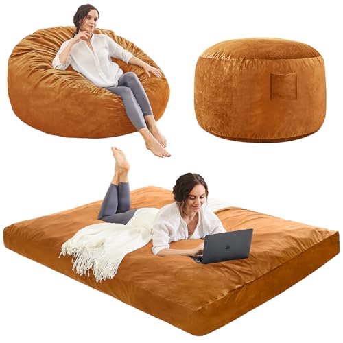 Bean Bag Chairs for Adults - Giant Bean Bag Chair Convertible Bean Bag Bed - Beanbag Chair with Micro Fiber Cover/Furniture Foam Filler - Floor Couch Sofa in Bedroom Dorm Room - Full Golden Brown