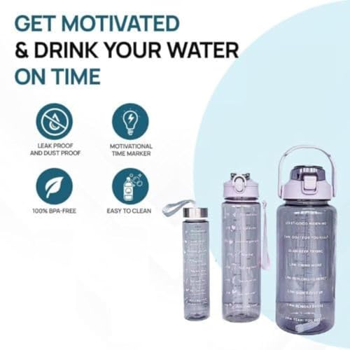 Image of Set of 3 Transparent Water Bottle 2000ML, 900ML, 300ML with Motivational Time Marker | Leak Proof&Break-Proof | Best Usage For Office /School /Gym /Travel Water Bottle
