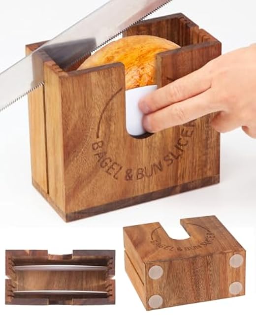 Large Adjustable Bagel Slicer Holder, Acacia Wood Bagel Cutter for Small and Large Bagels, Bread Slicer for Buns, English Muffins