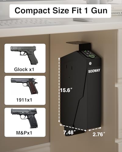 Gun Safe, Mounted Biometric Pistol Safe Drop Down Gun Lock Box for Handgun with 3 Ways Quick Access Bedside Pistol Case for Nightstand, Desk, Wall, Dresser