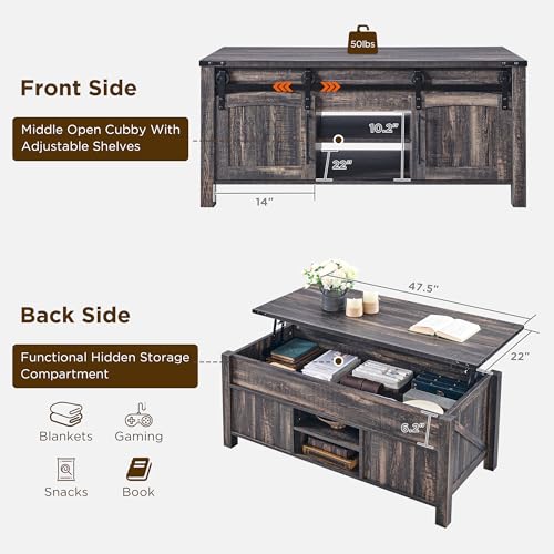 OKD-Farmhouse-Lift-Top-Coffee-Table-with-Sliding-Door-48-Large-Rustic-Center-Table-with-Hidden-Storage-Compartment-Lifting-Tabletop-Adjustable-Shelf-for-Living-Room-Office-Dark-Rustic-Oak OKD Farmhouse Lift Top Coffee Table with Sliding Door 48 Large Rustic Center Table with Hidden Storage Compartment Lifting Tabletop Adjustable Shelf for Living Room Office Dark Rustic Oak