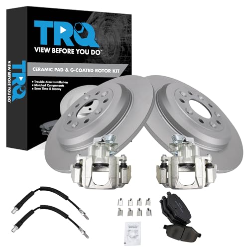 Image of TRQ Rear Brake Pad and Rotor Set Ceramic G Coated Rotors Calipers Compatible with 2009 Ford Flex 2010-2012 Taurus 2009-2012 Lincoln MKS