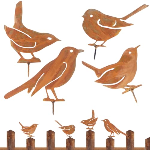 BSTDAYEVER Rost Vögel Gartenstecker Vögel Deko Rost Vogel Gartendeko 4Stk Edelrost Metall Vogel für Draußen Bird Baumstecker für Garten Patio Park Zaun Baum AST Stamm Dekoration