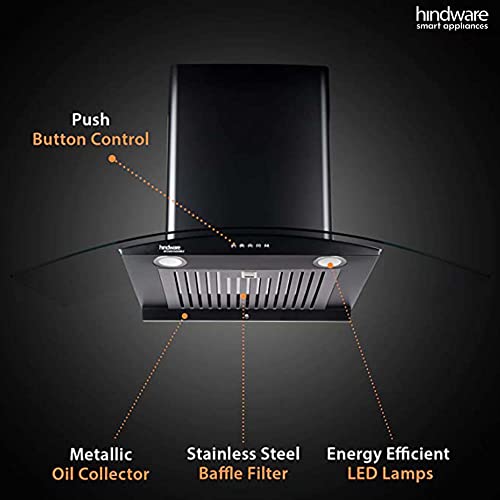 Image of Hindware Smart Appliances | Elena 90 cm Chimney | 1100 CMH | Curved Glass | Auto Clean | Push Button | 5 Yrs Warranty on Motor & 2 Yrs on Product | Wall Mounted (Baffle Filter, LED Lamps, Black)