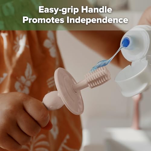 Image of haakaa 360 Baby Toothbrush with Suction Base - Dusty Pink | Gentle Cleaning for Infants, Gum Massage, BPA-Free, Food-Grade Silicone, Adjustable Safety Shield, Safe for Babies 6 Months+