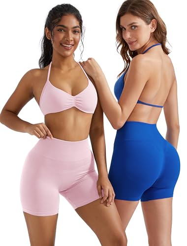 Image of OMKAGI Halter Sports Bras for Women Padded Strappy Bra Open Back Workout Gym Crop
