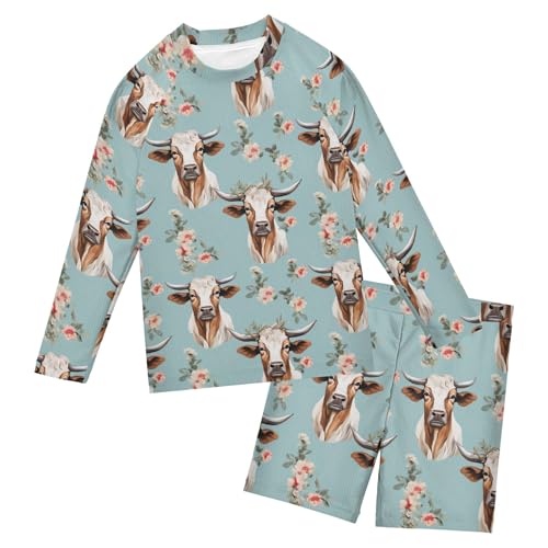 Cow Ox Animal Flowers Toddlers and Baby Boys' Swimsuit Trunk and Rashguard Set B0402768