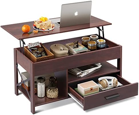 WLIVE Lift Top Coffee Table for Living Room,Coffee Table with Storage,Hidden Compartment and Metal Frame, Central Table for Reception Room,Espresso.