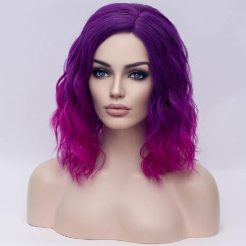 Image of BERON Purple Ombre Wigs for Womens Short Curly Wavy Girls Wig Dark Roots Purple Shoulder Length Hair Wig with Heat Resistant Synthetic Cosplay or Daily Use Wigs