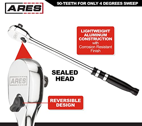Ares 42083-90-Tooth Ratchet Set - Ergonomic Aluminum Handles & Reversible Sealed Head Design #TOP2