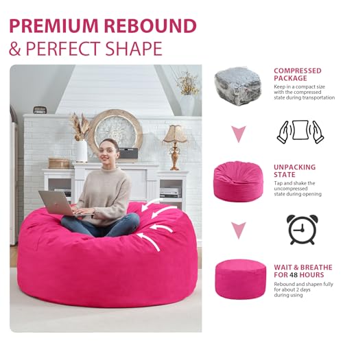 4FT Bean Bag Chair, Large Bean Bag Chairs with Memory Foam Filled, Fluffy Beanbag Sofa with Dutch Velvet Cover, Round BeanBag Chairs for Living Room, Playroom - Pink