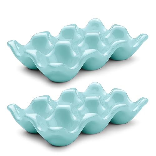 Flexzion Porcelain Egg Crate - 6-Egg Capacity Ceramic Egg Tray Half Dozen Egg Holder for Fridge Countertop Display - Blue Decorative Serving Dish and Storage Organizer 2 Pack