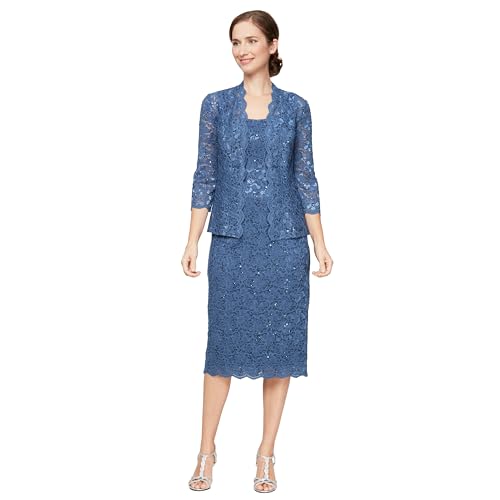 Image of S.L. Fashions Women's Tea Length Sequin Lace Mother of The Bride Dress with Illusion Sleeve Jacket