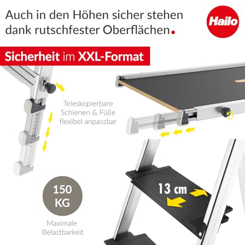 Hailo Stehleiter L100 Topline im Set mit TP1 Treppenpodest - klappbare Aluleiter mit 4 XXL-Sicherheits-Stufen - Arbeitsplattform mit stabilem Rahmen aus Aluminium - belastbar bis 150 kg