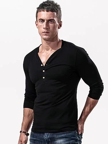 Mens Fashion Henley Shirts Cotton Casual Long Sleeve Button T-Shirt with Pocket2