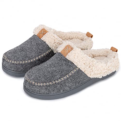 LongBay Women s Wool Felt Sherpa Memory Foam Slippers with Plush Fleece Lining Slip on Moc Clogs Indoor Or Outdoor (Large   9-10, Gray)