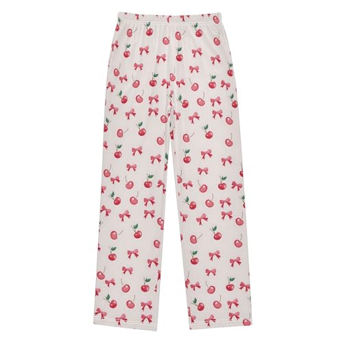 Pajama Pants Sleep Pants Soft Elastic Waist Pajama Lounge Pants Fresh Cherry Pink Bow for 6-14 Years Old