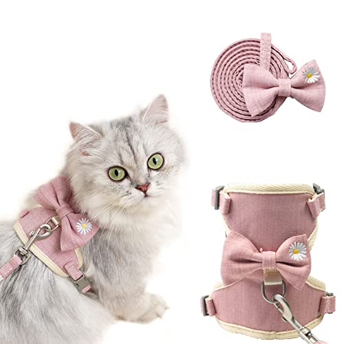 JCOLUSHI Cat Vest Harness and Leash Set, Cute Pink Bowtie with Flower, Mesh Breathable for Walking Escape Proof…