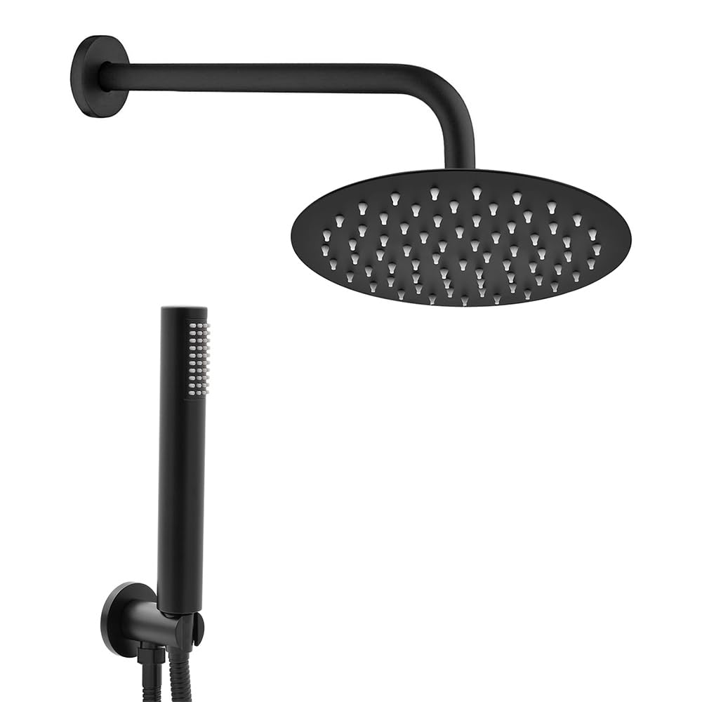 Kit doccia moderno nero opaco con soffione 30 cm, braccio 35 cm, doccino con flessibile e supporto in Acciaio inox e ABS