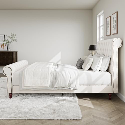 Queen-Bed-Frame-Sleigh-Bed-Frame-with-Headboard-and-Footboard-Upholstered-Platform-Bed-Frame-No-Box-Spring-Needed-Deep-Button-Tufted-Easy-Assembly-Wood-Slats-Cream-White Queen Bed Frame Sleigh Bed Frame with Headboard and Footboard Upholstered Platform Bed Frame No Box Spring Needed Deep Button Tufted Easy Assembly Wood Slats Cream White