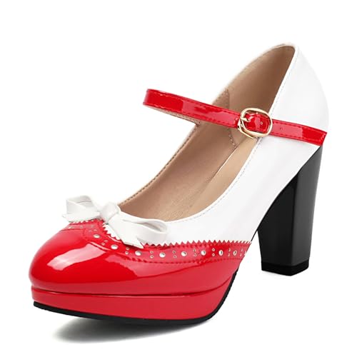 AIMODOR Mary Jane Heels for Women Platform High Lolita Heels Sweet Bow Round Toe Pumps Rockabilly Oxford Mary Jane Pumps Ankle Strap Cosplay Shoes Kawaii Dress Shoes