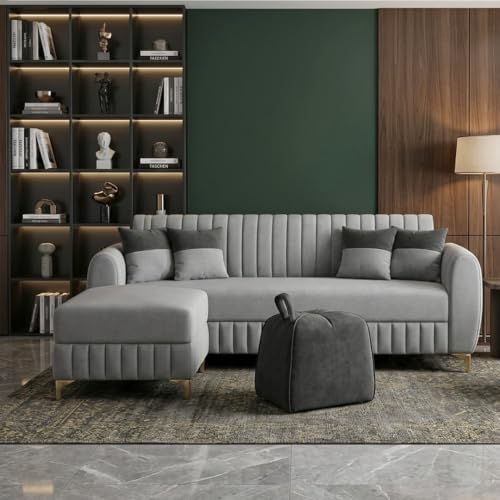 Image of CASASTYLE Signature Velour 4-Seater L-Shape Sofa Set with Movable Ottoman & Suri Pouf | Flexible LHS /RHS Layout | Boston Fabric | 40D Foam + Zigzag Spring | 3-Yr Warranty (Light Grey, Ash Grey)