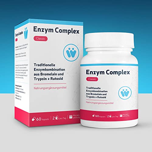 Enzym Komplex Classic - Mit Bromelain Ananas Enzym hochdosiert + Trypsin + Rutosid - Monatspackung mit 60 Enzyme Kapseln - Traditionelle systemische Enzym-Kombination