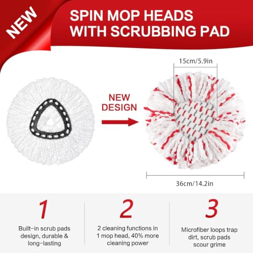 Image of 3 Pack Spin Mop Heads with Scrubbing Pad - 2026 Upgraded 2-in-1 Mop Head for EasyWring 1-Tank System. Built-in Scrub Pads for Stuck-on Grime, 40% More Cleaning Power Mop Refills.