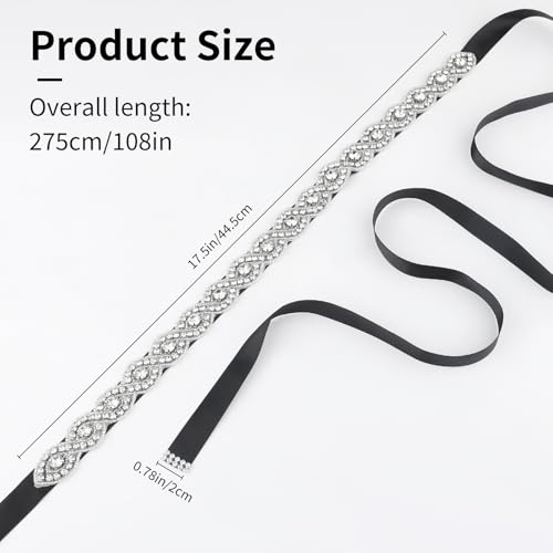 Bridal Belt Handcrafted Rhinestone Wedding Dress Belt, Glitter Crystal Belt with Black Ribbon Belt for Formal Dress, Bride Dress, Party Holiday Celebration(Style 2)2