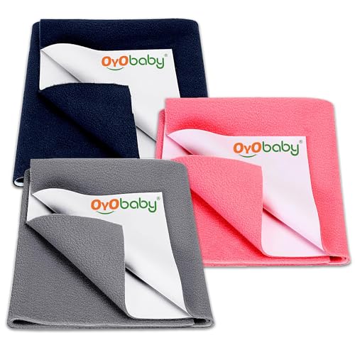 Image of OYO BABY Medium Baby Dry Sheet Pack of 3 (100x70 cm) | Quick Dry & Absorbent Waterproof Bed Protector | Reusable Soft Breathable Mattress Sheet for New Born Baby (Dark Blue, Salmon Rose & Grey)