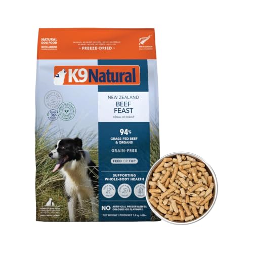 K9 Natural Beef Freeze Dried Dog Food High-Meat Natural Complete Meal or Meal Toppers for Dogs Grass-Fed Beef from New Zealand Grain-Free GMO-Free Complete & Balanced Nutrition 4lb