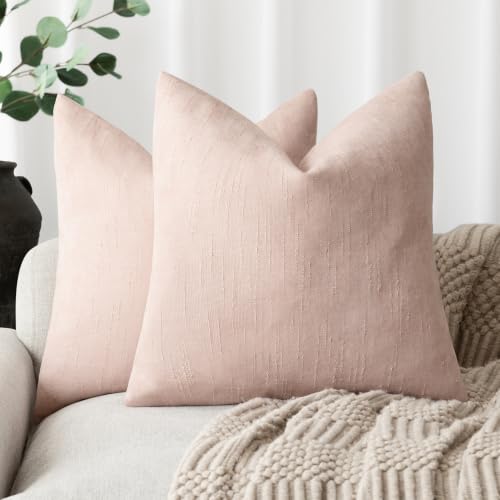 Image of Foindtower Pack of 2 Textured Chenille Throw Decorative Pillow Covers Square Accent Solid Cushion Cover Neutral Farmhouse Modern Pillow Case for Couch Sofa Bedroom Living Room 18x18 Inch,Peach Pink