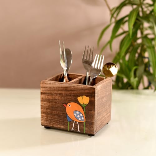 Image of Aakriti Art Creations Handcrafted Mango Wood Cutlery Rack for Kitchen & Dining Table |Wooden Cutlery Holder & Organizer | Kitchen Accessories | Dining Table Decoration Items |Indian Handicraft | Brown