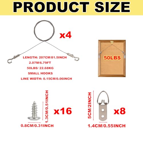 Image of Adjustable Picture Hanging Wire Kit, Supports up to 50lbs Include 4pcs Picture Hanging Wire Hanger Hardware & 8 D Rings & 16 Screws, for Art Pictures Mirrors Billboards Frame Canvas