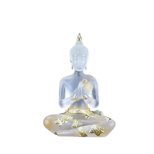 Wyvix Thai Buddha Statue Home Decor - 7 Inch Translucent Crystal Look Figurine with Gold Flakes for Indoor Meditation Altar(White)