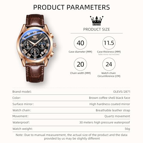 Image of OLEVS Men's Leather Analog Quartz Watch - Luxury Chronograph Wristwatch with Date, Waterproof, Luminous - Dress Style