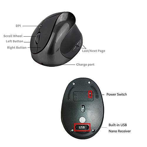 Wireless Mouse 2.4G Ergonomic Vertical Optical Mouse With Nano Receiver,4 Adjustable Dpi 800/ 1200/ 1600/2400,Rechargeable Li-Battery,6 Buttons For Computer,Notebook, Pc, Laptop, Macbook(Black) #TOP5