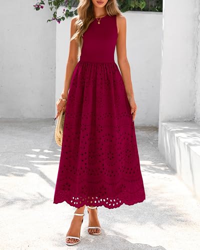 Image of dowerme Women Summer Dresses 2026 Casual Sleeveless Crewneck A-Line Boho Lace Eyelet Cotton Tank Maxi Dress with Pockets