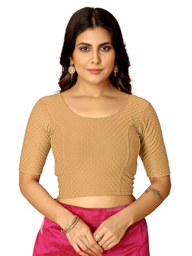 Image of Amazon Brand - Anarva Round Neck Dobby Cotton Lycra Stretchable Elbow Half Sleeve Readymade Saree Blouse for Women Stylish