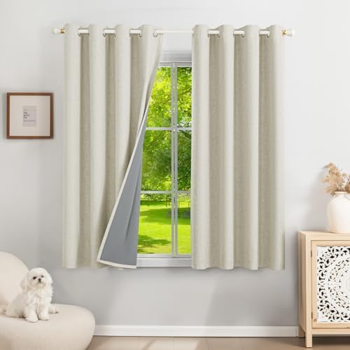 Runyéla 100% Verdunklungsvorhänge Leinen Gardinen mit Ösen, Thermovorhang | 2er Set, H145xB140 Hellbeige, Leinenoptik Vorhang Blickdicht, UV-Schutz Wärmeisolierend Schallschutz Sch