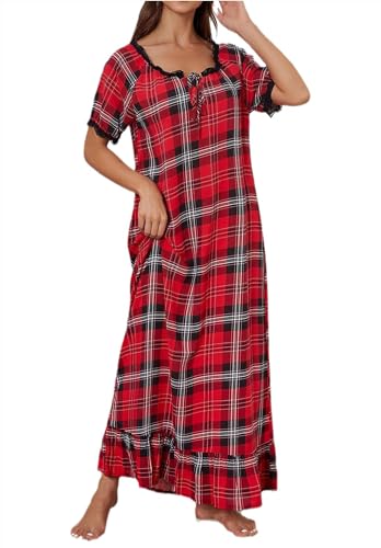 Robe de nuit rouge à carreaux ample anti-frottement avec dentelle